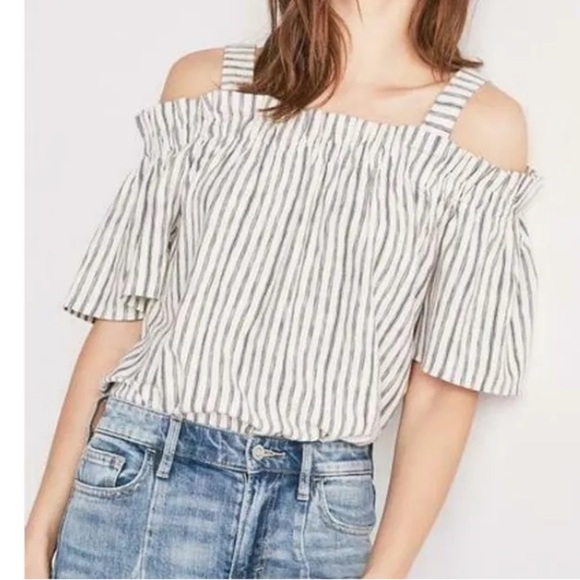 Lucky Brand Womens Size Medium OffShoulder Stripe Top Blue White - Picture 2 of 7